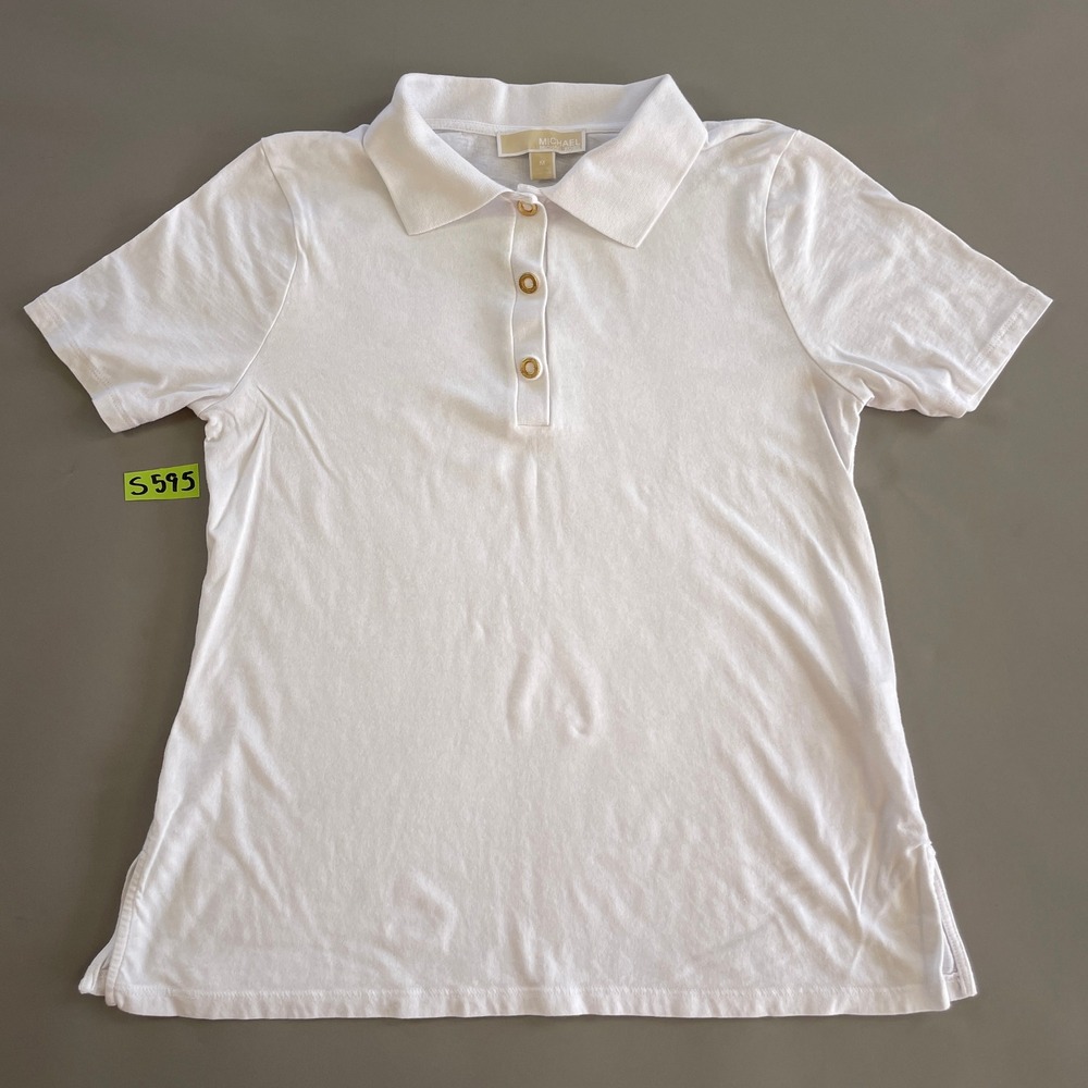 Michael Kors Womens White Short Sleeve Gold Button Polo Shirt Size Medium